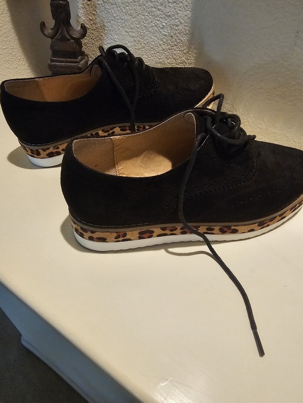 Black Suede Women's Platform Oxford with Leopard Trim